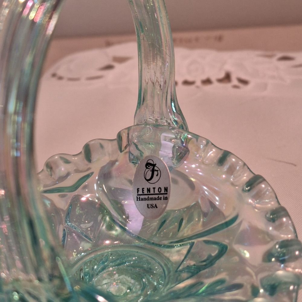 Vintage Fenton Glass Aquamarine Iridescent Ruffled Mini Basket Sticker